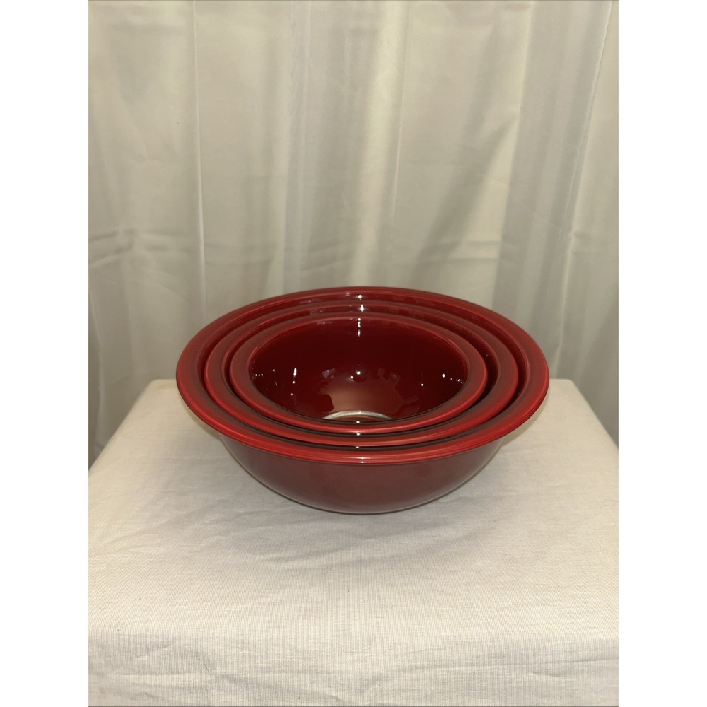 Vtg 90s PYREX Serving Mixing Bowl Burgundy Red Clear Bottom‎ Nesting 3 Pc Set